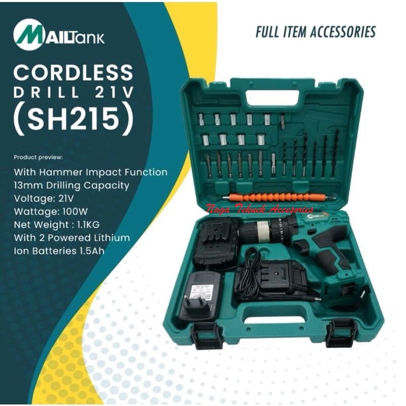 Mesin Bor Cordless Drill Mailtank SH-215 Bor Baterai SH 215 21V 13mm