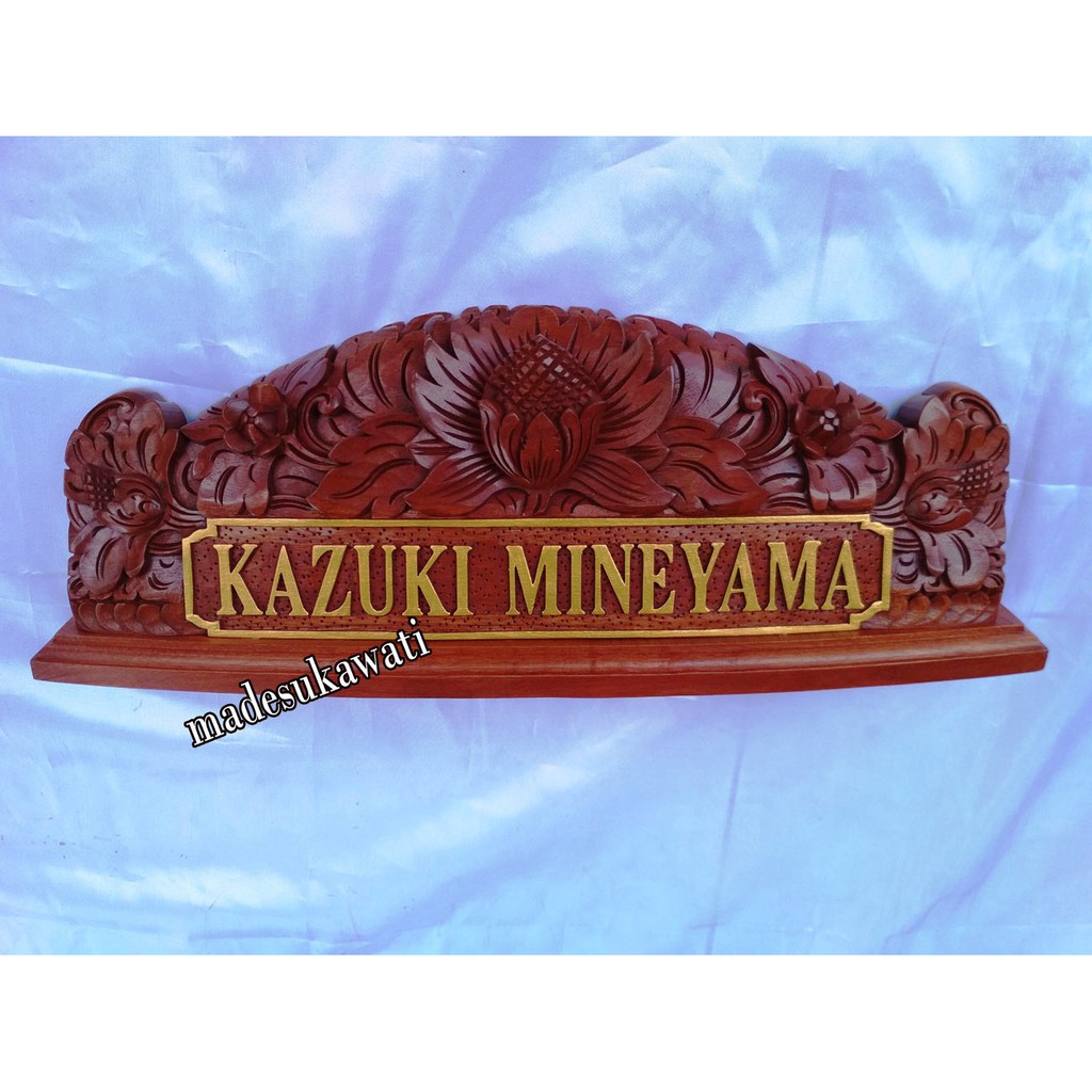 Papan nama meja kayu name plate ukiran bali bunga teratai isi tatakan