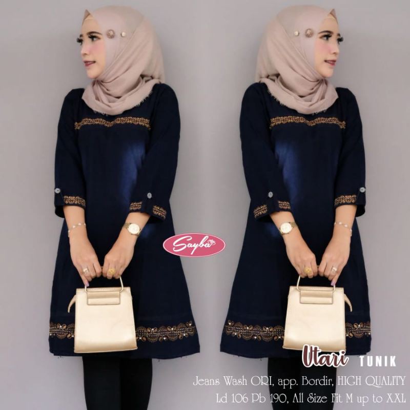 Utari tunik | jeans wash ori apl bordir | ld 106 pj 109 | fit m xxl