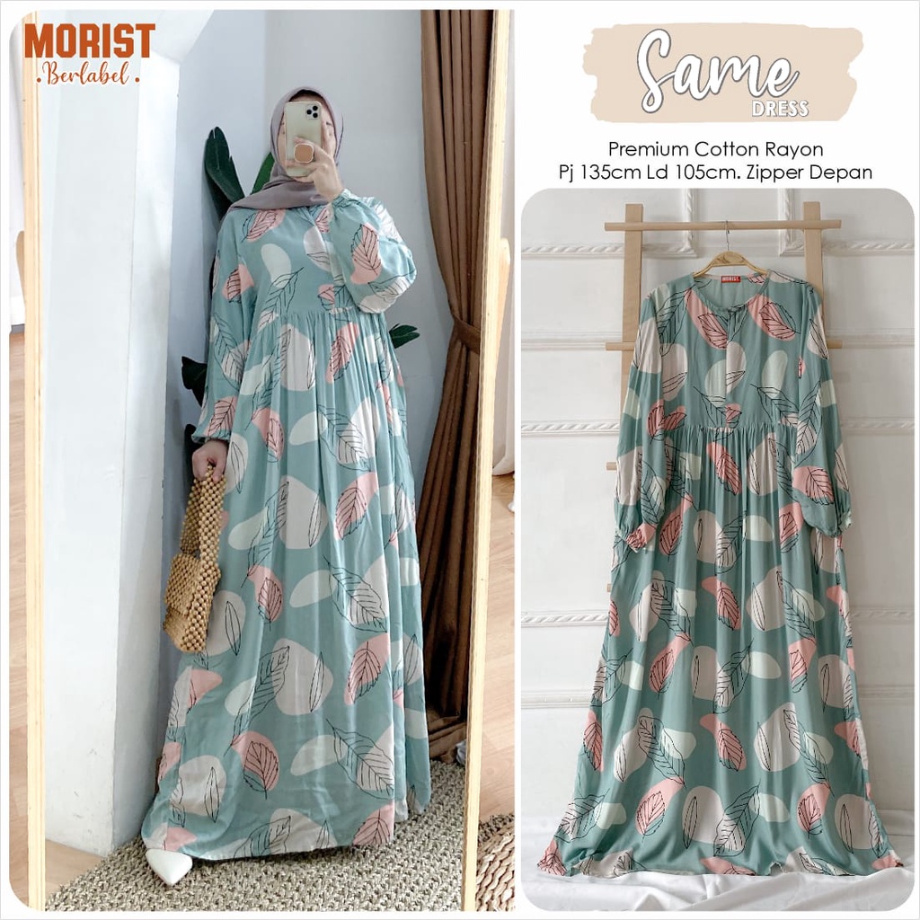 TERMURAH SAME DRESS BY MORIST BERLABEL/DRESS RAYON MOTIF/DRESS MOTIF DAUN/GAMIS RAYON MOTIF/GAMIS BU