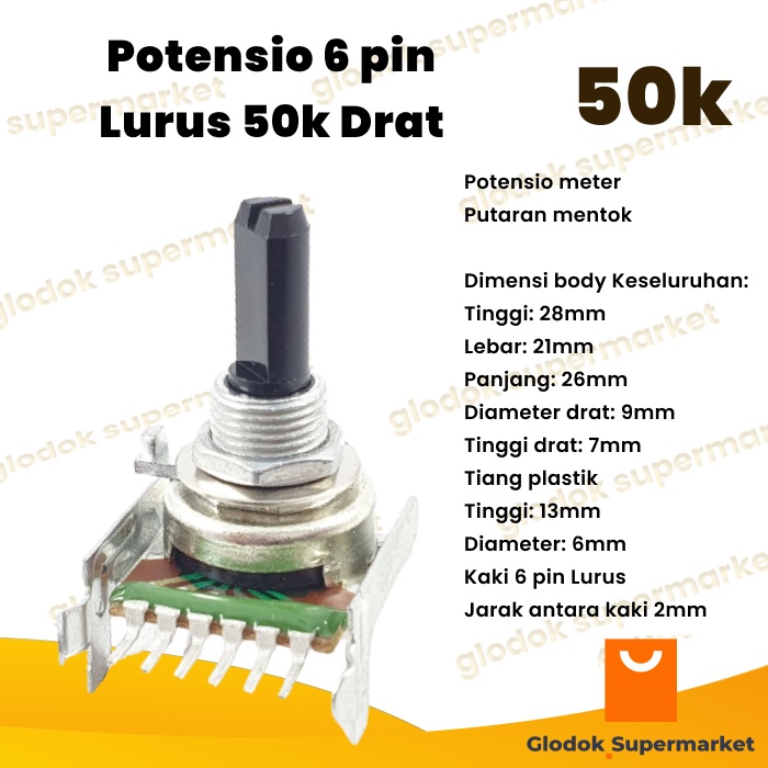 Potensio 6 pin 50k Drat Stereo Kaki 6 Lurus Volume Mixer 503