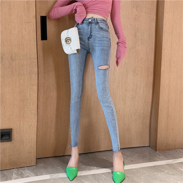 Fashion Tinggi Pinggang Pelangsing Stretch Ripped Jeans Kurus Tappered Pensil Celana Wanita