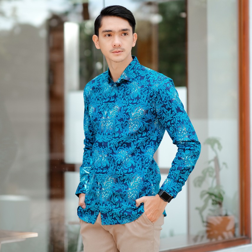 NEW ARRIVAL DISTRO BATIK PRIA BORDIR SOGAN HRB026 BATIKAF NOTOARTO BATIK IPNU-IPNU HEM PRIA bel-FLORAL BLUE