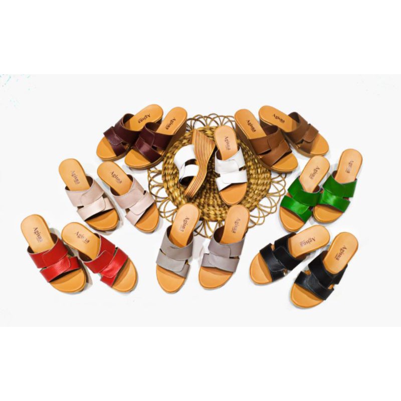 wedges sandal kulit sapi asli garut 7cm model silang anyam