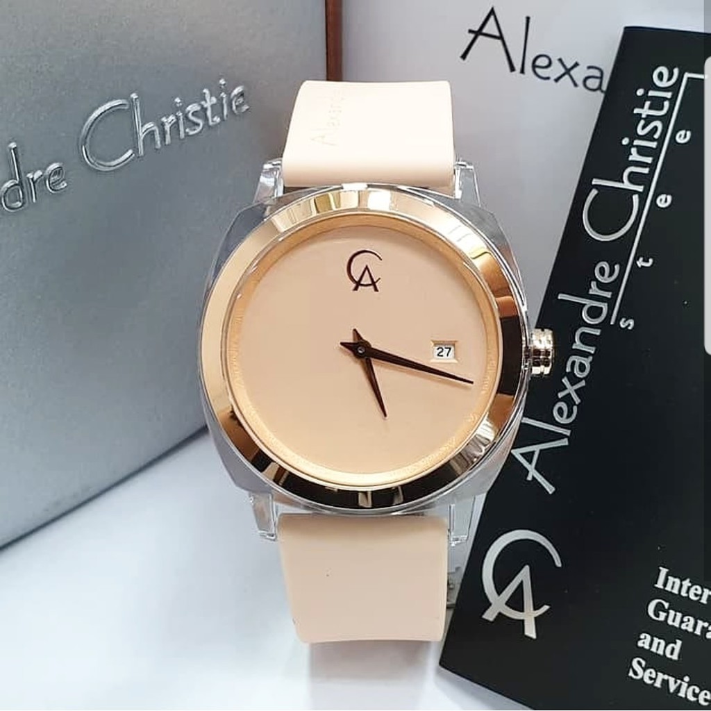 Alexandre Christie 100% Original AC2763L Jam Tangan Wanita tali karet peach