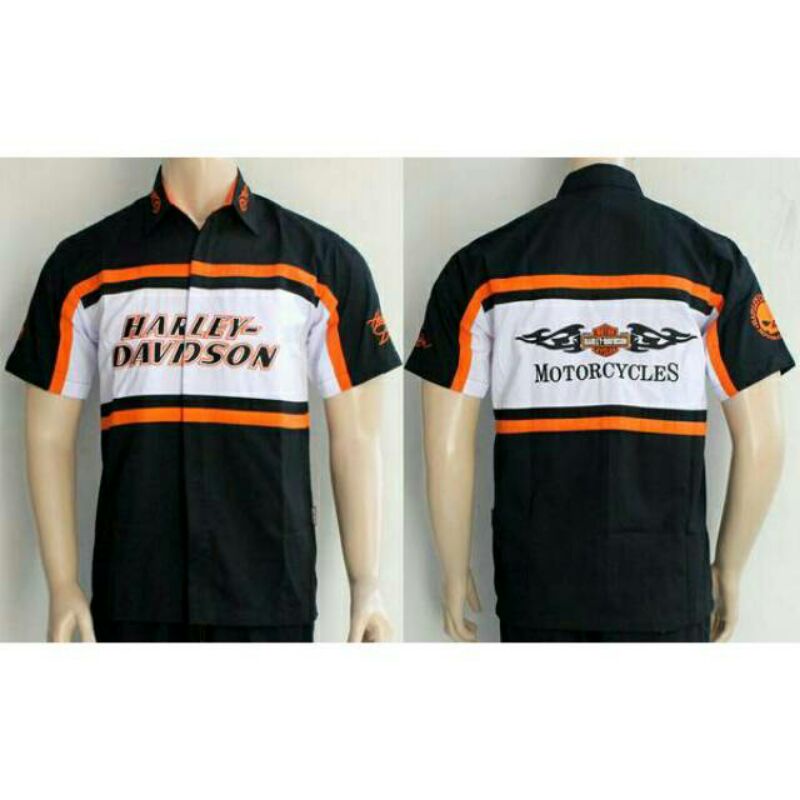Kemeja Harley Davidson Motorcycles - Skull - Bar n Shield - Black Orange White - Baju Bikers - Appar