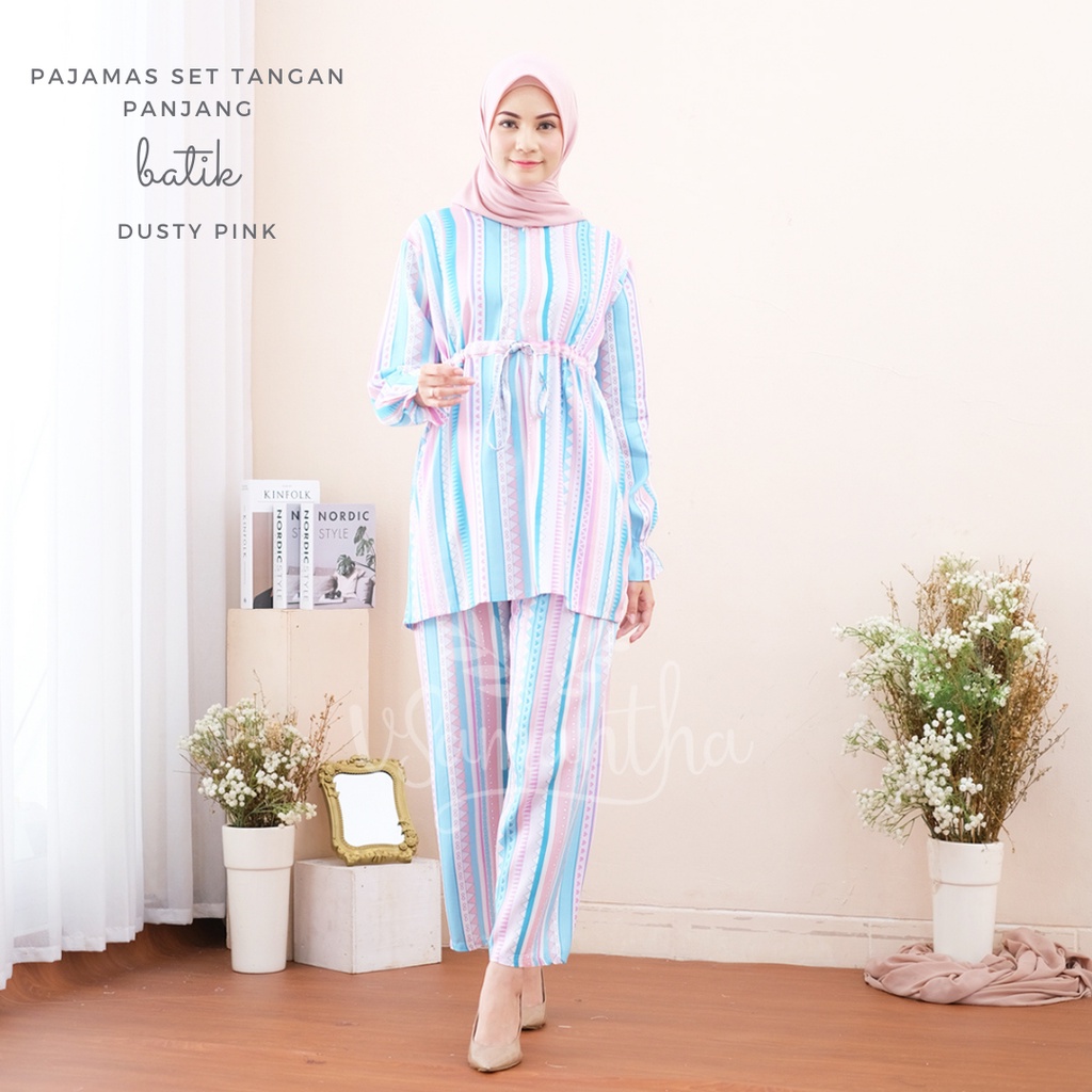 vSamantha - Pajamas Set / Piyama Set Muslim Busui Friendly - Tangan Panjang , Celana Panjang-Batik Dusty Pink
