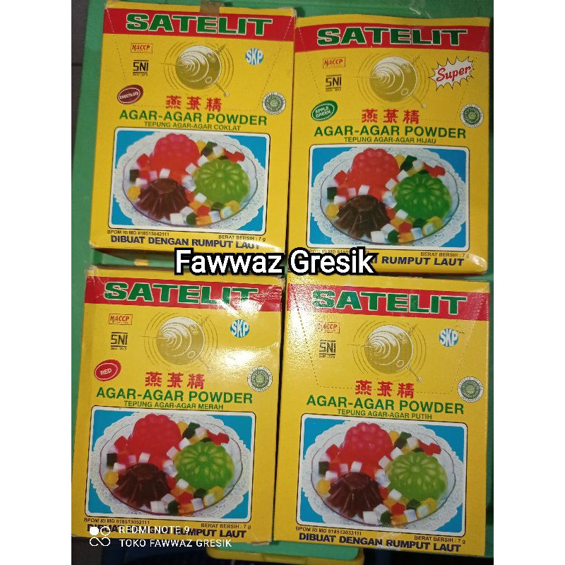 Agar-Agar Powder Satelit Super Putih Plain Hijau Merah Coklat 12x7 gr