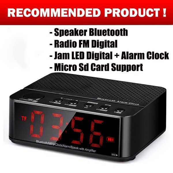 Speaker Mini Bluetooth + Radio Fm + Jam Meja + Jam Weker Digital - Hitam