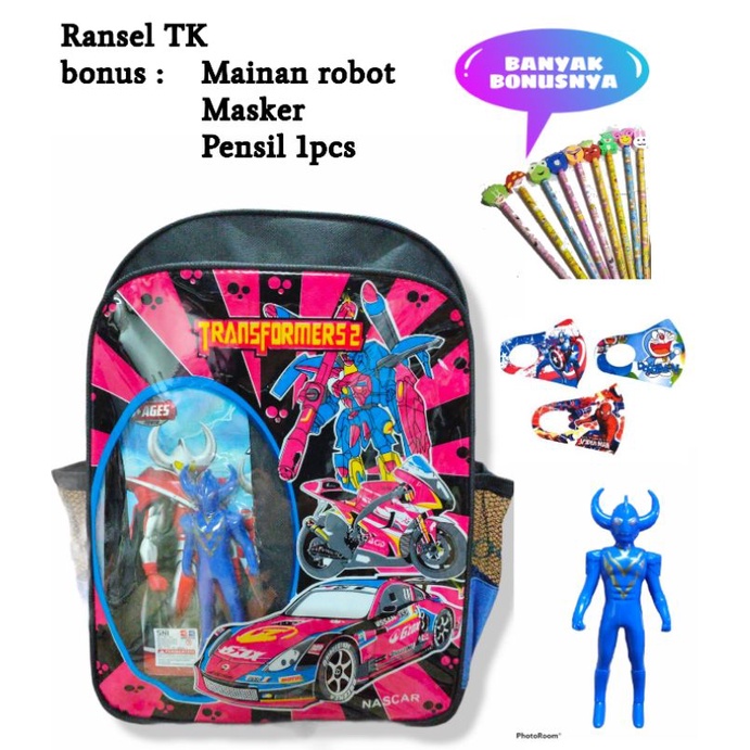 Tas ransel anak TK SD gratis mainan robot masker pensil Tas sekolah