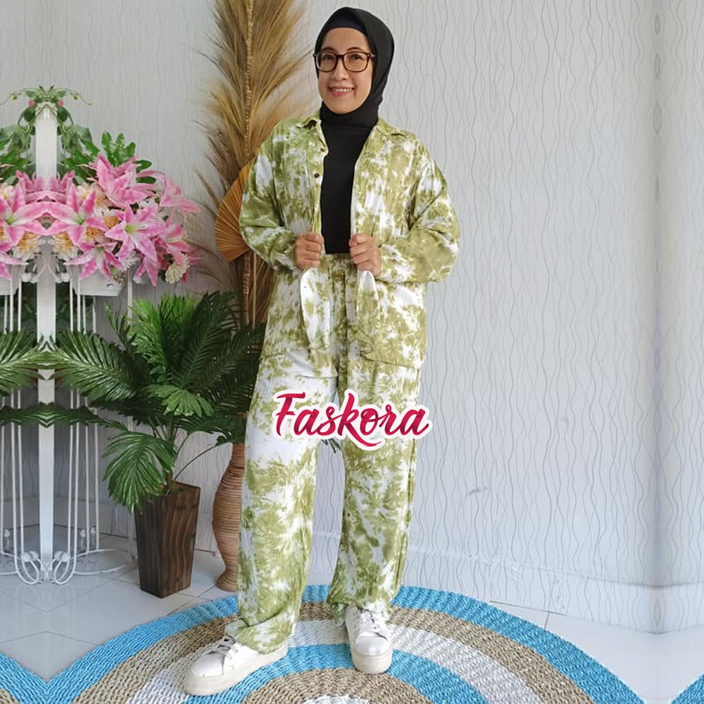 One Set Kemeja Tie dye Wanita Lengan Panjang / Piyama Rayon Jumbo Set Lengan Panjang