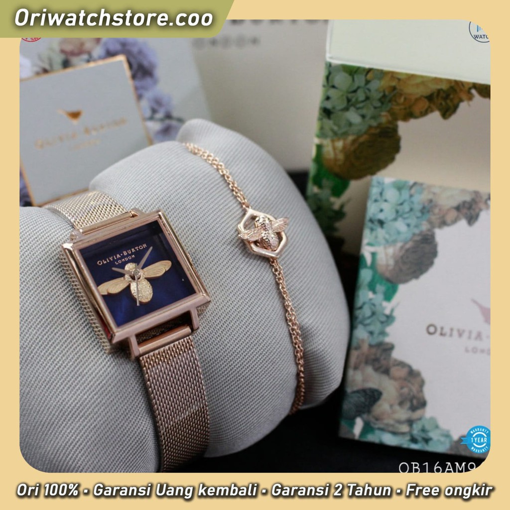 TERLARIS OLIVIA BURTON ORIGINAL GARANSI JAM TANGAN WANITA 3D BEE SQUARE DIAL OB16AM96