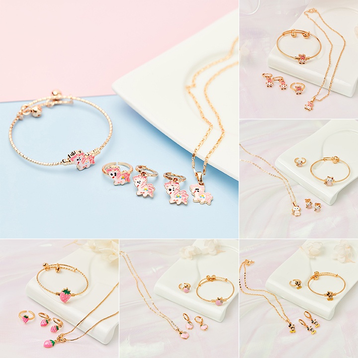 Y042 Set Perhiasan Anak Unicorn Little Pony Aksesoris Anak Murah Lucu Perhiasan Anak Perempuan Titanium Anti Luntur Kalung Dan Gelang + Cincin + Anting