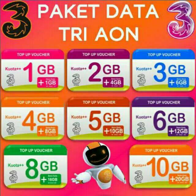 PAKET KUOTA INTERNET MURAH THREE TRI AON 1.5GB 2GB, 3GB