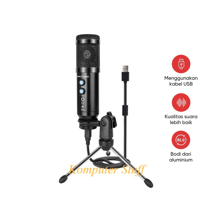 Microphone Condenser Mikrofon with Stand Koneksi USB Bahan Alumunium