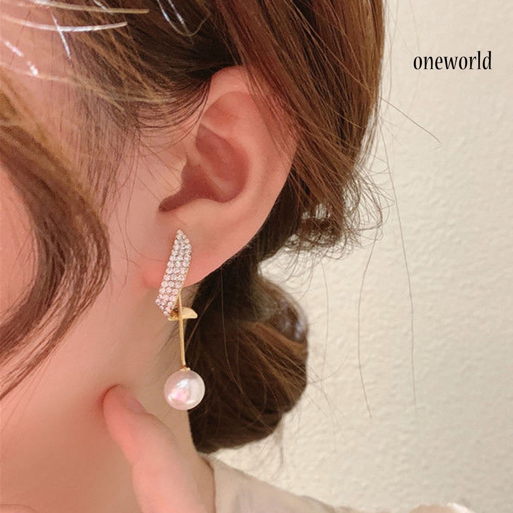 OW# 1 Pair Faux Pearl Drop Stud Earrings Unique Geometric Rhinestone Pearl Pendant Stud Earrings for Holiday