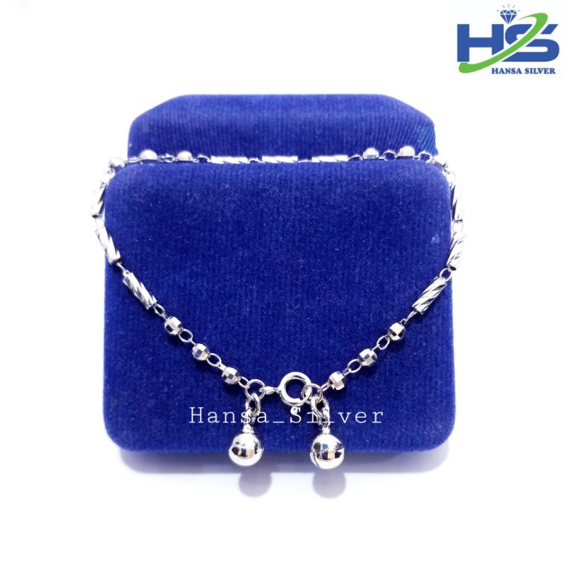 Gelang Tangan Perak Asli Silver 925 Lapis Emas Putih Model Stick Ball Ukir - Gelang Perak Wanita Anti Karat