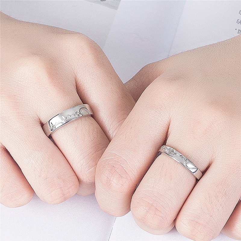 ECG Love Heart Zircon Hollow Opening Adjustable Anti-rust Waterproof Couple Ring Joint Ring Set Korean Fashion Jewelry Gift Best Accessories for Boys and Girls Friends