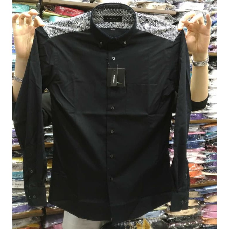 Kemeja Pria Alisan Slimfit Panjang Hitam Kombinasi Pundak Batik - Hitam, L
