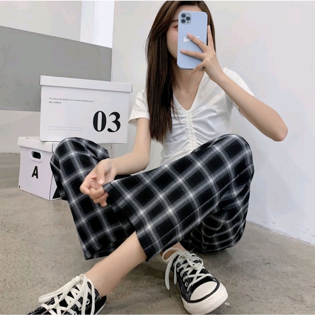 Celana Panjang Wanita Kotak Korea Street Style 859