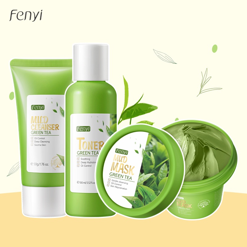 Fenyi Green Tea Mud Mask Pembersih Wajah Mengurangi Jerawat Komedo Set Perawatan Kulit 3pcs