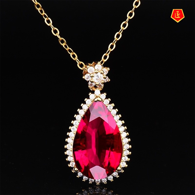 [Ready Stock]Elegant Pear-Shaped Colored Gems Pendant Gold Necklace