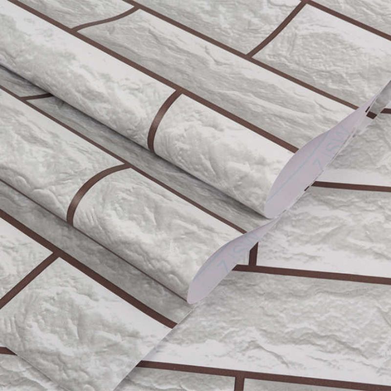 WALLPAPER DINDING BATU BATA 3D PUTIH LIST COKLAT