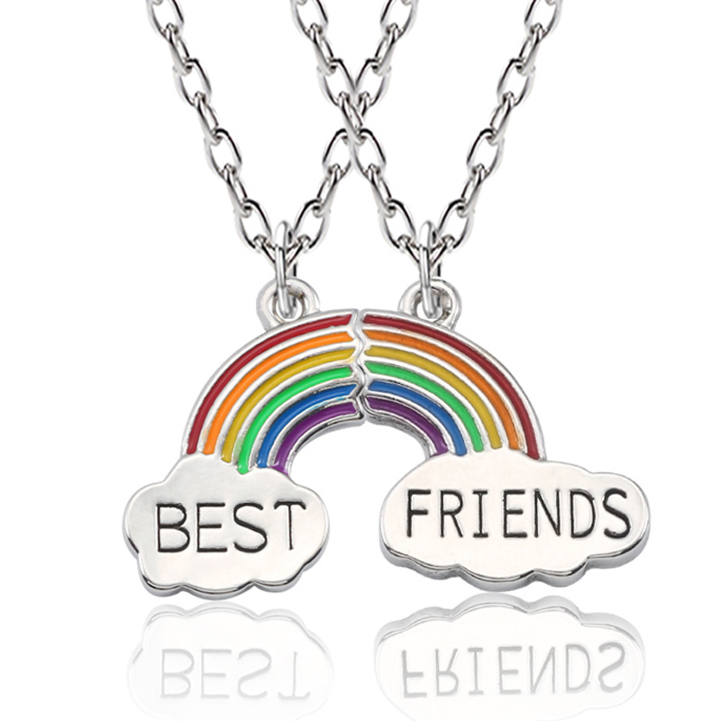 1/2Pcs Women Stitching Heart Rainbow Friendship Couple Necklace / Best Friends Rainbow Pendant Necklace