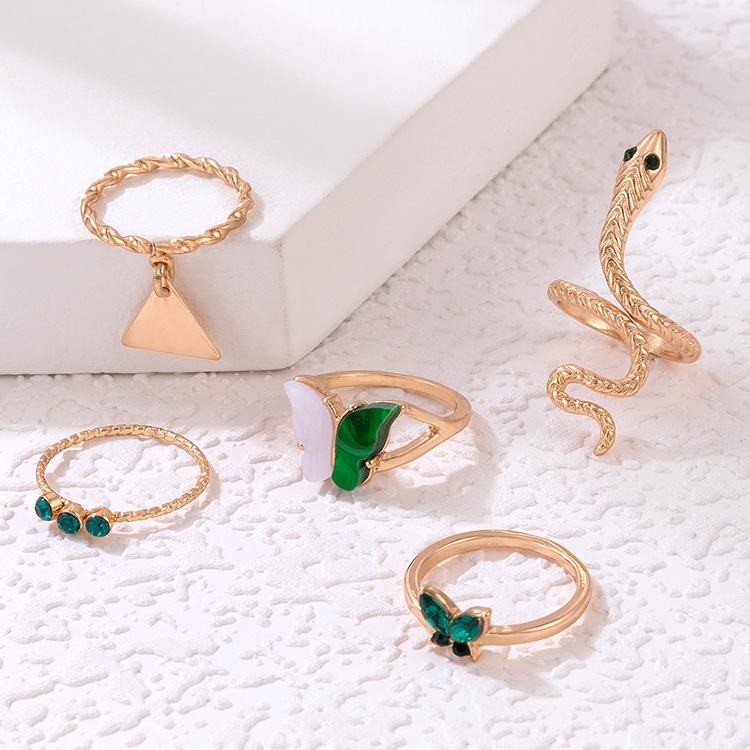 5pcs / set Cincin Desain Kupu-Kupu Putih Hijau Bahan Resin Untuk Wanita