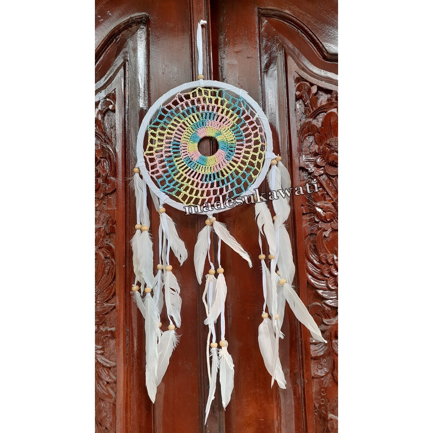 Dream catcher sulam diameter 17cm panjang 58cm dekorasi gantungan hiasan bulu ayam