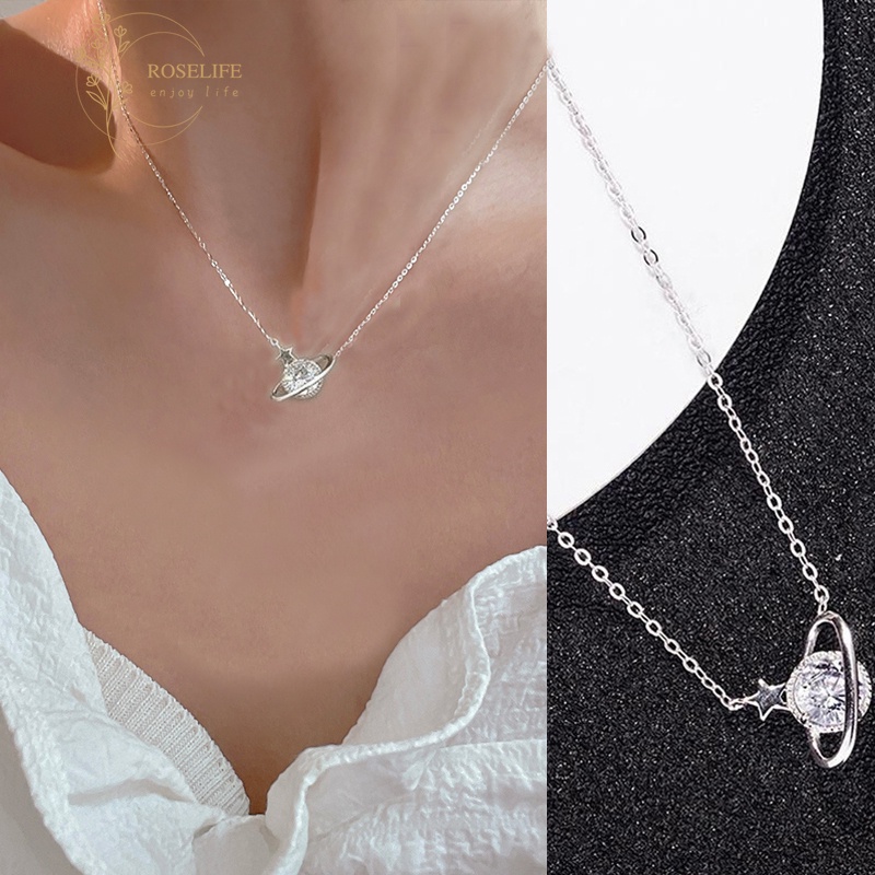 Roselife Kalung Rantai Liontin Planet / Bintang / Langit Hias Kristal Imitasi Berkilau Ala Korea Untuk Wanita