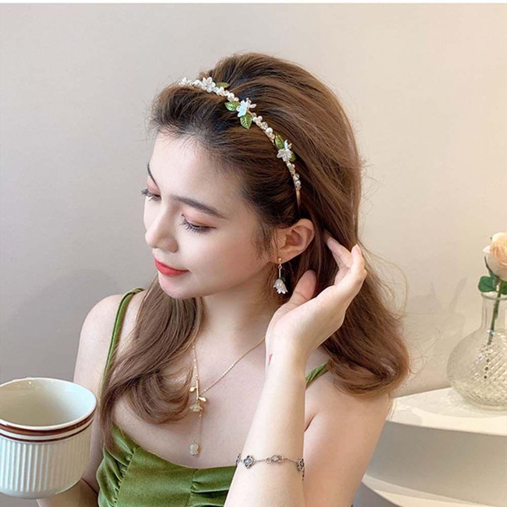 NEEDWAY Bando Mutiara Manis Vintage Bunga Desain Fashion Daun Temperamen Wanita Rambut Hoop