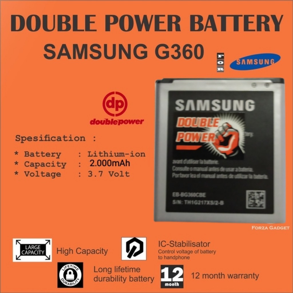 BATTERY DOUBLE POWER SAMSUNG CORE PRIME G 360 J2 2000MAH