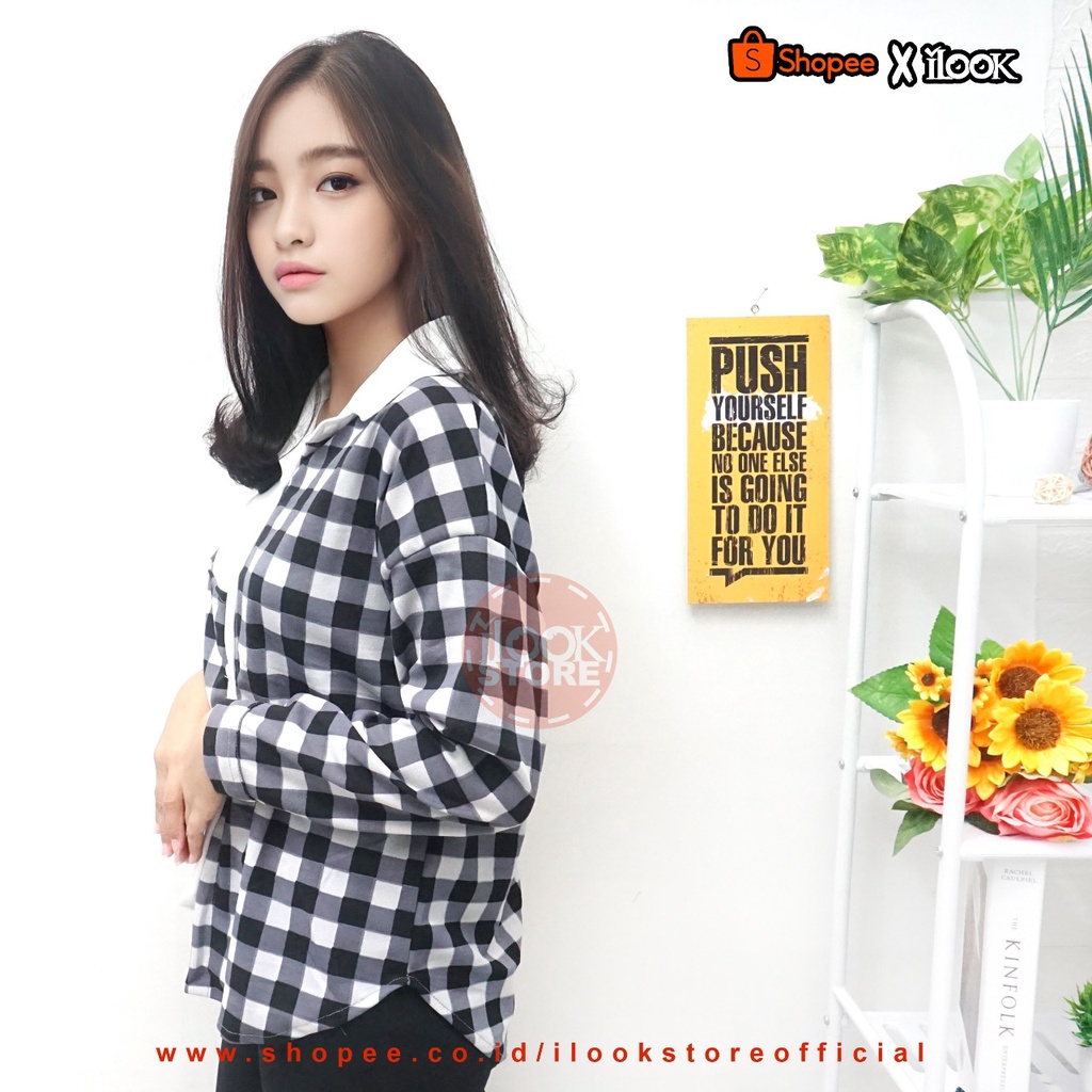 ilook | Lucky Top Blouse Weona | Chess Playfull Assymetrical Top | Blouse Wanita Bahan Creap | Blouse Weona | Motif Kotak