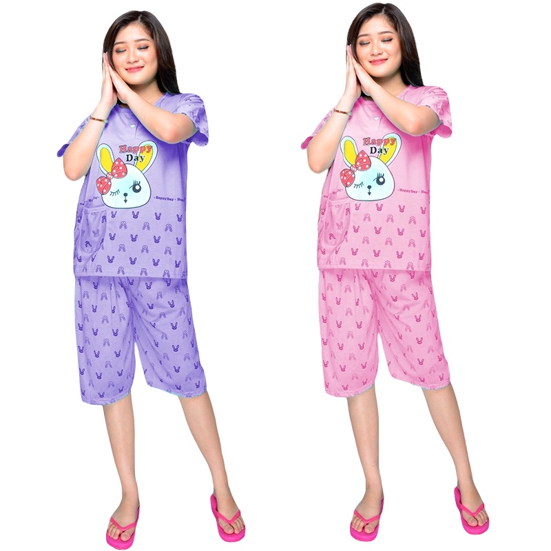 Lilipop.id  Baju Tidur Wanita 3/4 ALL SIZE STANDAR Happy Day Setelan Piyama BabyDoll Kaos Celana Pendek