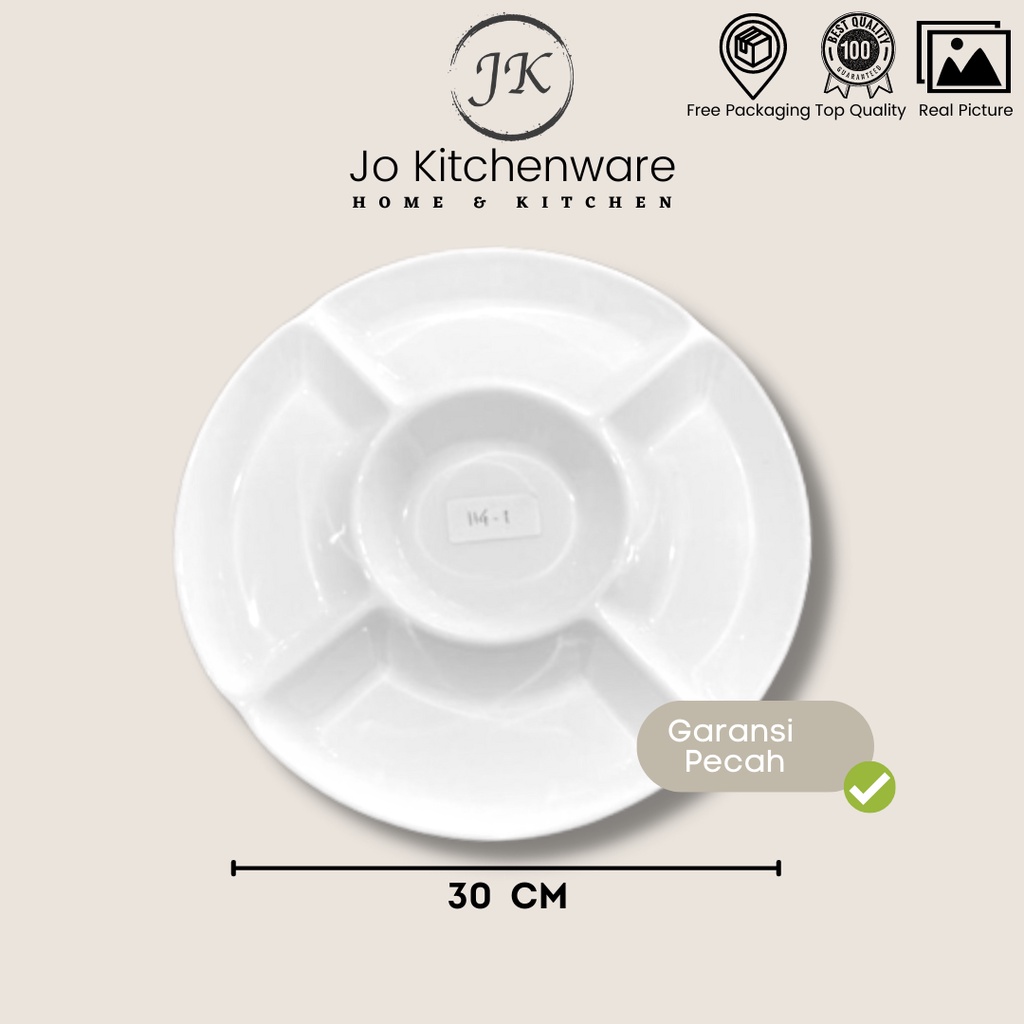 Piring saji keramik sekat 5 diameter 30cm putih tebal 114-3