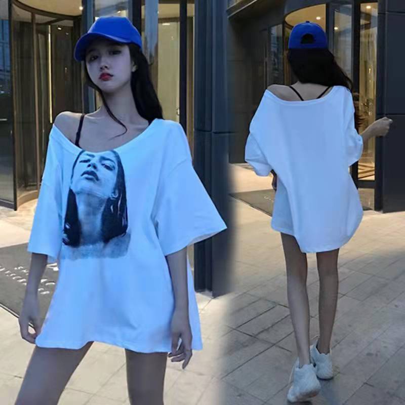 pro kata-neck off-the-shoulder lengan pendek T-shirt wanita musim panas mid-length besar setengah le