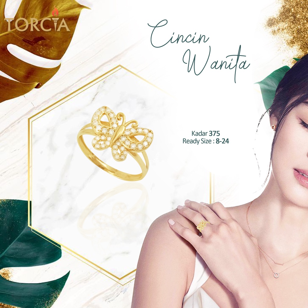 Cincin Emas Asli Kupu-Kupu Kadar 375 Torcia Gold