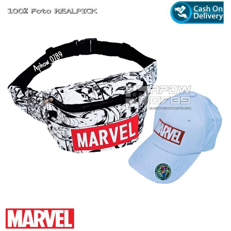 2in1 tas waist bag anak marvel + topi marvel kanvas premium