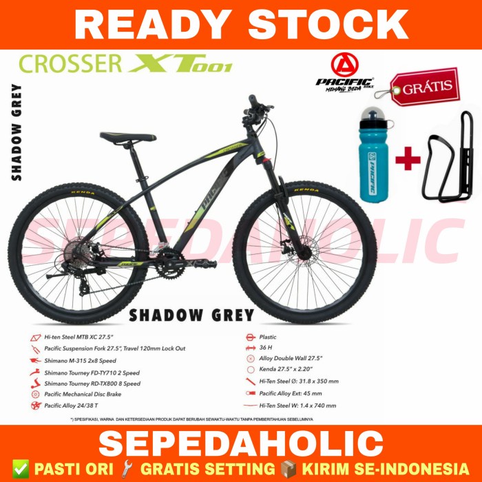 Sepeda Gunung 27.5" Inch MTB PACIFIC CROSSER XT 001 Shimano 16 Speed - SHADOW GREY, BOTOL+HOLDER