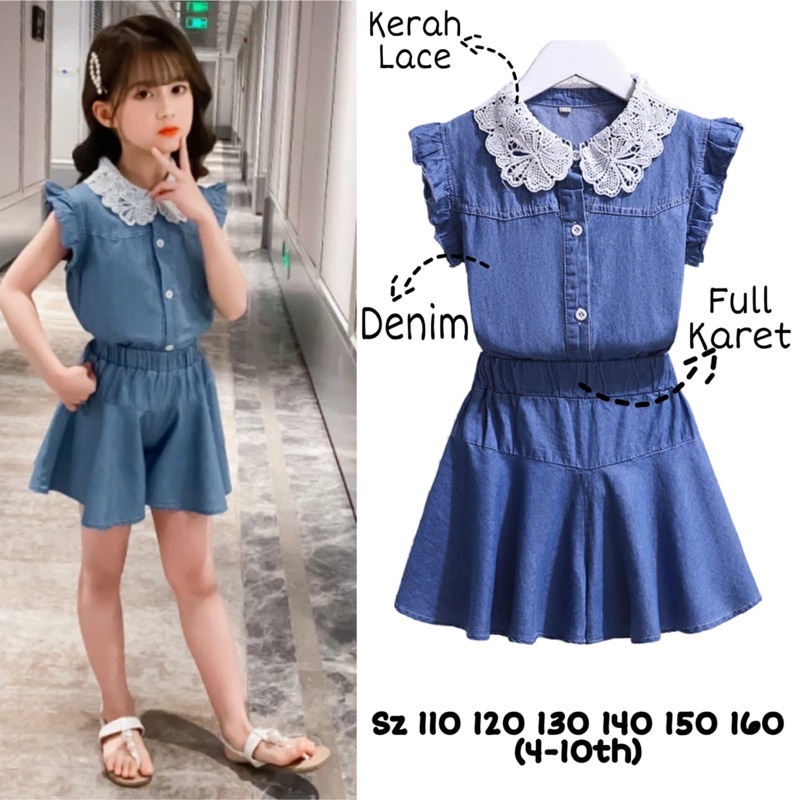 SETELAN ANAK PEREMPUAN IMPORT KOREAN STYLE BLOUSE KERAH LACE SHORTS PANT HOTPANT DENIM