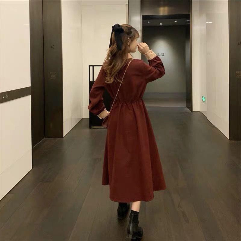 dress korea style/ Casual dres wanita retro rok a-line mid-length lengan panjang kerah POLO/baju wanita/ baju kore/ pakaian korea