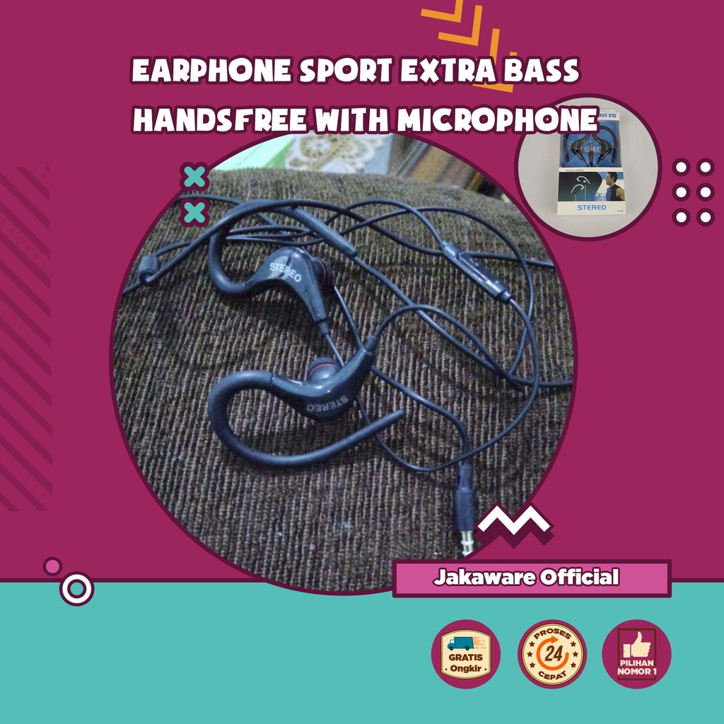 EARPHONE SPORT EXTRA BASS HANDSFREE WITH MICROPHONE HEADPHONE EARHOOK HEADSET HETSET EARPHONE KABEL 