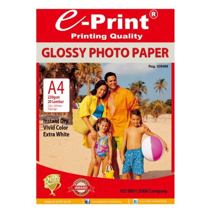 

KERTAS FOTO / PAPER PHOTO GLOSSY A4/20SH 230GR E-PRINT