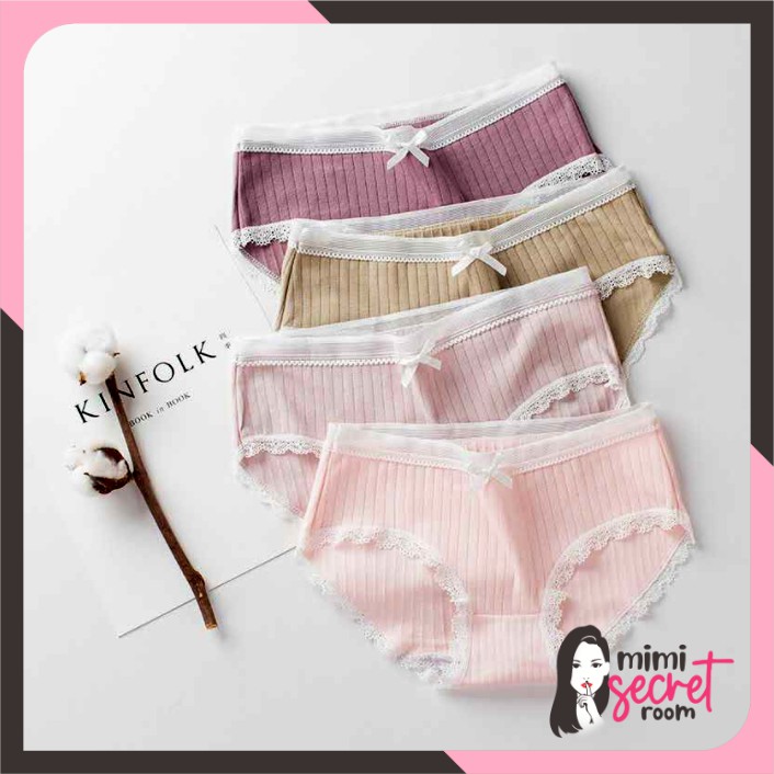 ❤ MIMI ❤ Celana Dalam Katun CD Wanita Cotton Underwear Aksen Renda &amp; Pita IMPORT TERLARIS