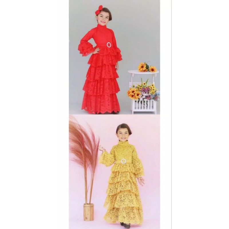 DRESS GAUN ANAK PEREMPUAN COUPLE IBU ANAK BROKAT SUSUN USIA 0 - 10 TAHUN MODEL ELISABETH