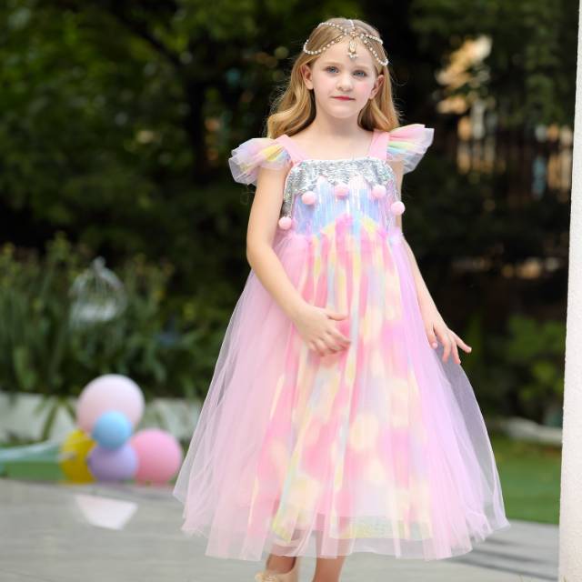 GAUN PANJANG PRINCESS RAINBOW PINK / DRESS PESTA ANAK GLITTER UNICORN IMPORT KOREA