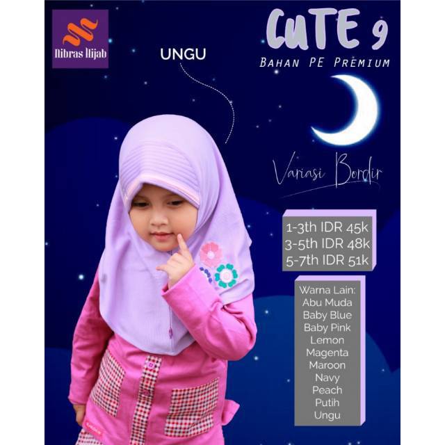 Cute 9 Nibras Hijab Anak Magenta Navy Peach Putih Abu Muda Baby Blue Pink Lemon