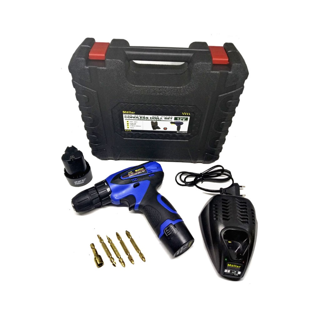MOLLAR CDD35 Mesin Bor Cas Charger 12V Cordless Drill Set 2 Baterai