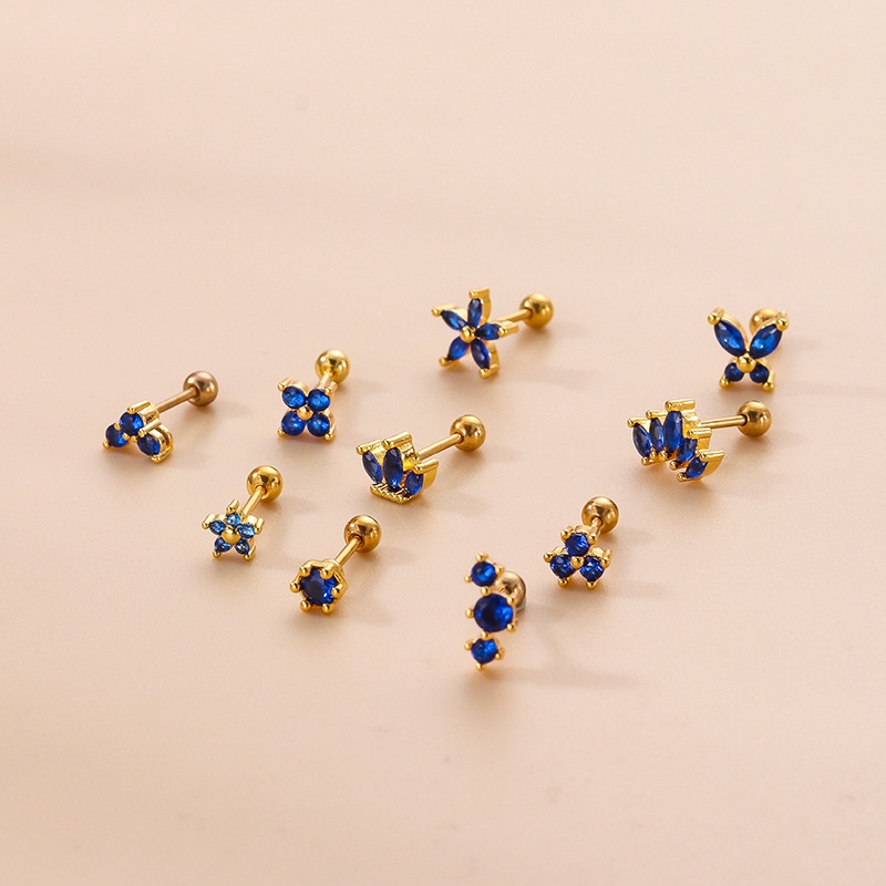 1pc Anting Tindik Tulang Rawan Telinga Desain Mahkota Bunga Hias Zirkon Biru Kerajaan Bahan Stainless Steel 20 Gage